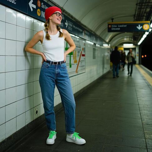 4 Pcs Halloween Subway Girl Costume Include Red Beanies Square Eyeglasses Black Belt Green Shoelaces for Women Halloween Party in Saudi Arabia
