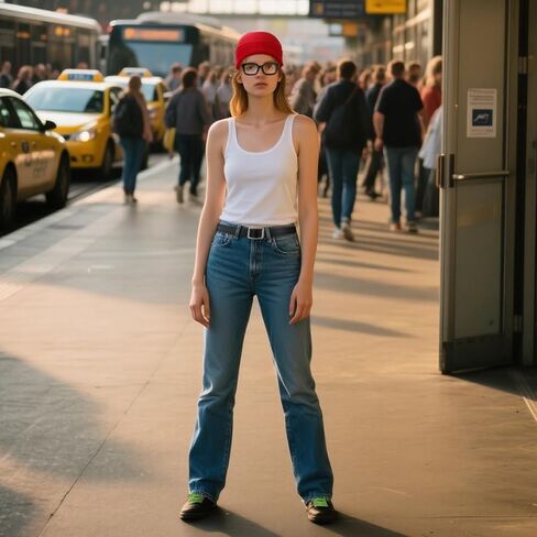 4 Pcs Halloween Subway Girl Costume Include Red Beanies Square Eyeglasses Black Belt Green Shoelaces for Women Halloween Party in Saudi Arabia