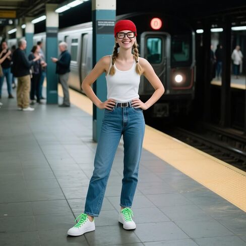 4 Pcs Halloween Subway Girl Costume Include Red Beanies Square Eyeglasses Black Belt Green Shoelaces for Women Halloween Party in Saudi Arabia