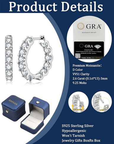 2-2.4ct Moissanite Hoop Earrings for Women - D Color VVS1 Clarity Solid 925 Sterling Silver 18K Gold Plated Jewelry - Lab Created Diamond Mens Gifts in Kuwait