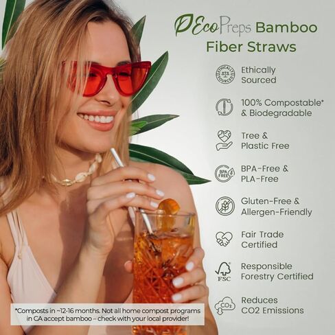 Biodegradable Bamboo Fiber Straws | 150 Count, 100% Compostable, Plastic-Free, Eco-Friendly Drinking Straws | 7.8'' Plant Fiber Disposable Straws, White Straws | Durable for Hot & Cold Drinks in Saudi Arabia
