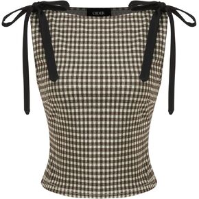 CIDER Tank Tops for Women Gingham Bow Tie Boat Neck Sleeveless Jacquard Slim Fit Top Blouses Womens Tops in Kuwait