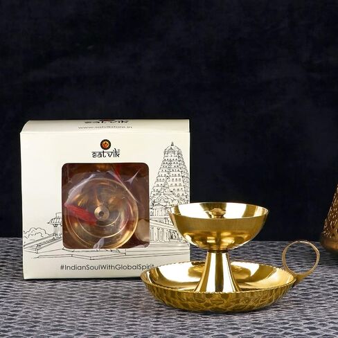 SATVIK Small Brass Aarti Diya with Supported Ring Handle Puja Jyot Oil Lamp Hand Held Kutthu Vilakku Festive Diwali Mandir Temple Aarti Pooja Dia Indian Housewarming Return Gift Items Bulk in Saudi Arabia