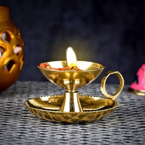 SATVIK Small Brass Aarti Diya with Supported Ring Handle Puja Jyot Oil Lamp Hand Held Kutthu Vilakku Festive Diwali Mandir Temple Aarti Pooja Dia Indian Housewarming Return Gift Items Bulk in Saudi Arabia