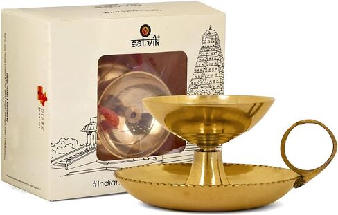 SATVIK Small Brass Aarti Diya with Supported Ring Handle Puja Jyot Oil Lamp Hand Held Kutthu Vilakku Festive Diwali Mandir Temple Aarti Pooja Dia Indian Housewarming Return Gift Items Bulk in Saudi Arabia