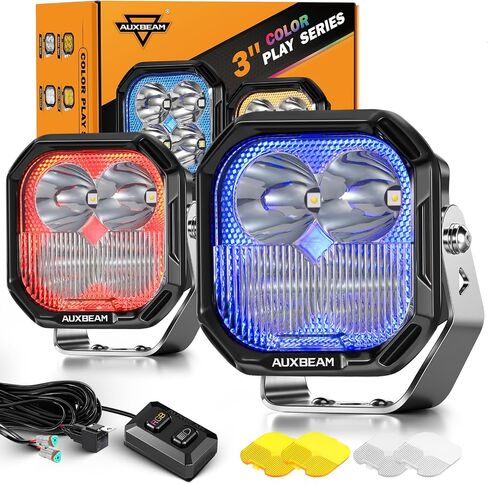 Auxbeam RGB Color Changing 3" LED Pods 116W Off-Road Lights 7+1 RGBW Ambient Backlight Gradient Cycle Accent Lighting, Spot Flood Combo, Amber White Lens Covers, Color Play Series in Saudi Arabia