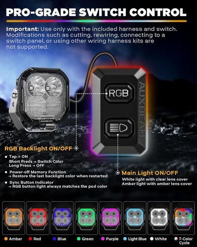 Auxbeam RGB Color Changing 3" LED Pods 116W Off-Road Lights 7+1 RGBW Ambient Backlight Gradient Cycle Accent Lighting, Spot Flood Combo, Amber White Lens Covers, Color Play Series in Saudi Arabia