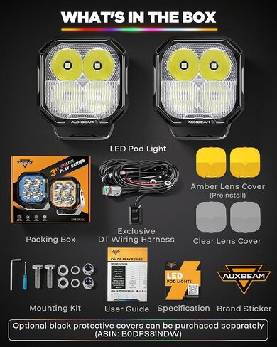 Auxbeam RGB Color Changing 3" LED Pods 116W Off-Road Lights 7+1 RGBW Ambient Backlight Gradient Cycle Accent Lighting, Spot Flood Combo, Amber White Lens Covers, Color Play Series in Saudi Arabia