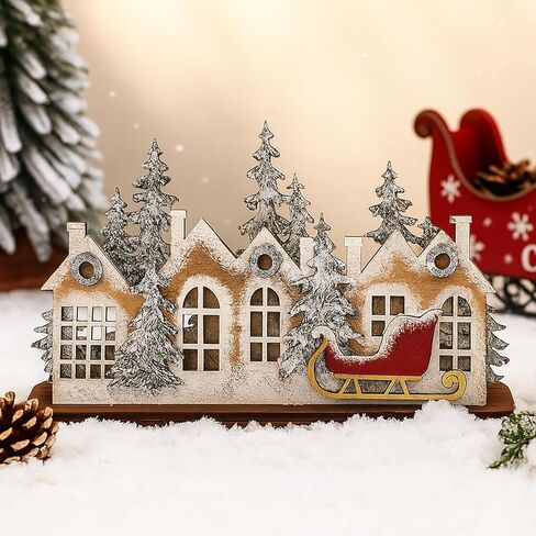 Chunful Wooden Christmas Village Decor Rustic Wood Merry Christmas Sign Snowy Winter Assembly Art Craft Set with Vintage Sleigh Pine Farmhouse Xmas Party Centerpiece for Mantle Window Table Home Decor in Saudi Arabia