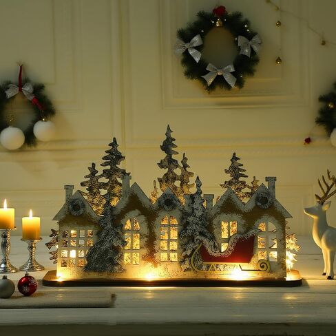 Chunful Wooden Christmas Village Decor Rustic Wood Merry Christmas Sign Snowy Winter Assembly Art Craft Set with Vintage Sleigh Pine Farmhouse Xmas Party Centerpiece for Mantle Window Table Home Decor in Saudi Arabia