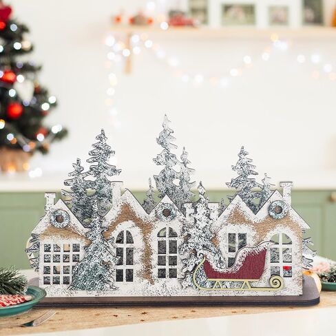 Chunful Wooden Christmas Village Decor Rustic Wood Merry Christmas Sign Snowy Winter Assembly Art Craft Set with Vintage Sleigh Pine Farmhouse Xmas Party Centerpiece for Mantle Window Table Home Decor in Saudi Arabia