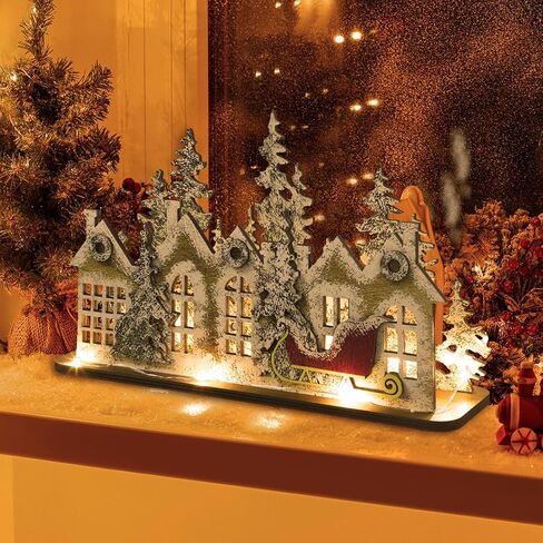 Chunful Wooden Christmas Village Decor Rustic Wood Merry Christmas Sign Snowy Winter Assembly Art Craft Set with Vintage Sleigh Pine Farmhouse Xmas Party Centerpiece for Mantle Window Table Home Decor in Saudi Arabia