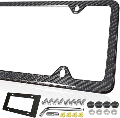 Carbon Fiber License Plate Frame- Stainless Steel Car Tag Holder Wrapped with Real Carbon Fiber, 4 Hole Slim Design, Anti-Theft Screws Caps, Rattle-Proof Pad, 1 Pack for Front or Rear in Kuwait