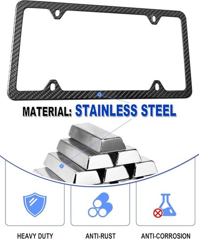 Carbon Fiber License Plate Frame- Stainless Steel Car Tag Holder Wrapped with Real Carbon Fiber, 4 Hole Slim Design, Anti-Theft Screws Caps, Rattle-Proof Pad, 1 Pack for Front or Rear in Kuwait
