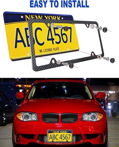 Carbon Fiber License Plate Frame- Stainless Steel Car Tag Holder Wrapped with Real Carbon Fiber, 4 Hole Slim Design, Anti-Theft Screws Caps, Rattle-Proof Pad, 1 Pack for Front or Rear in Kuwait