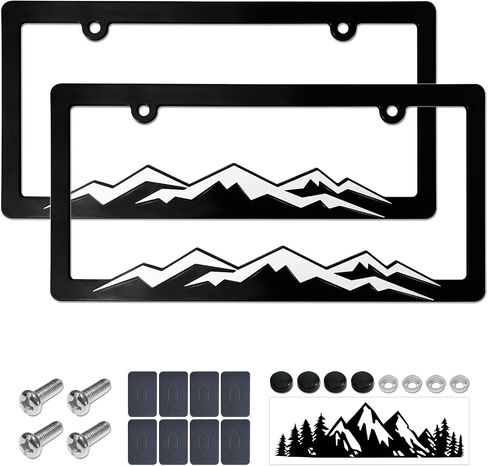 Mountain License Plate Frames- White on Black 3D Mountain Raised, ABS Plastic Car Tag Holder | Includes Rust-Proof Screws, Caps & Free Vinyl Decal Sticker in Saudi Arabia