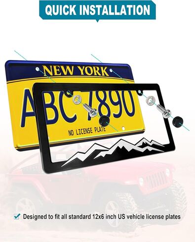 Mountain License Plate Frames- White on Black 3D Mountain Raised, ABS Plastic Car Tag Holder | Includes Rust-Proof Screws, Caps & Free Vinyl Decal Sticker in Saudi Arabia