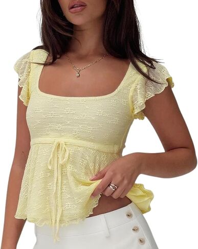 Women Lace Babydoll Tank Top Y2k Cap Sleeve Peplum Top Flowy Layered Ruffle Crop Cami Coquette Floral Going Out Shirt in Saudi Arabia