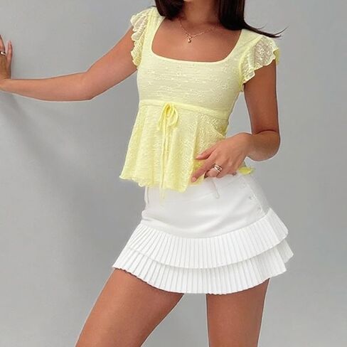 Women Lace Babydoll Tank Top Y2k Cap Sleeve Peplum Top Flowy Layered Ruffle Crop Cami Coquette Floral Going Out Shirt in Saudi Arabia