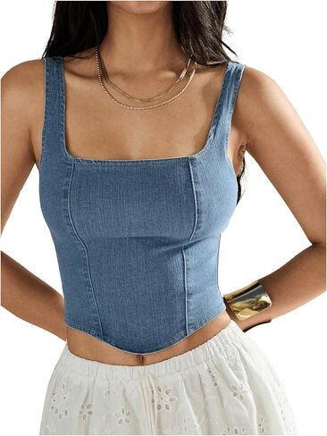 WDIRARA Women's Square Neck Sleeveless Corset Denim Top Zip Back Asymmetrical Hem Tank Top in Saudi Arabia
