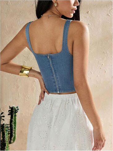 WDIRARA Women's Square Neck Sleeveless Corset Denim Top Zip Back Asymmetrical Hem Tank Top in Saudi Arabia