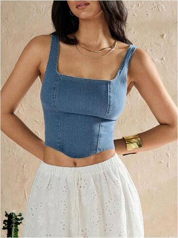 WDIRARA Women's Square Neck Sleeveless Corset Denim Top Zip Back Asymmetrical Hem Tank Top in Saudi Arabia