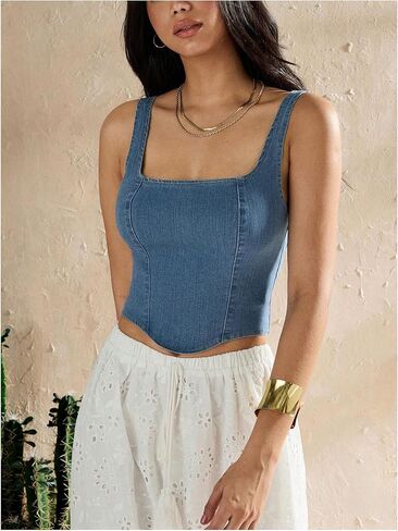 WDIRARA Women's Square Neck Sleeveless Corset Denim Top Zip Back Asymmetrical Hem Tank Top in Saudi Arabia