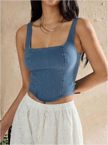 WDIRARA Women's Square Neck Sleeveless Corset Denim Top Zip Back Asymmetrical Hem Tank Top in Saudi Arabia