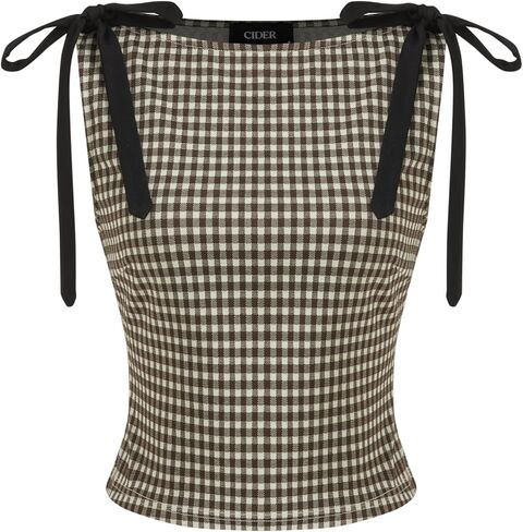 CIDER Tank Tops for Women Gingham Bow Tie Boat Neck Sleeveless Jacquard Slim Fit Top Blouses Womens Tops in Saudi Arabia