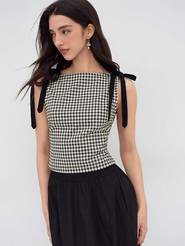 CIDER Tank Tops for Women Gingham Bow Tie Boat Neck Sleeveless Jacquard Slim Fit Top Blouses Womens Tops in Saudi Arabia