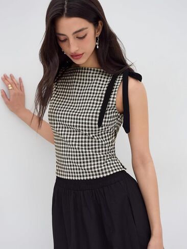 CIDER Tank Tops for Women Gingham Bow Tie Boat Neck Sleeveless Jacquard Slim Fit Top Blouses Womens Tops in Saudi Arabia