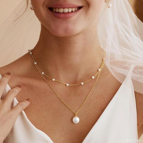 قلادة اللؤلؤ للنساء، قلادة أنيقة مطلية بالذهب عيار 14 قيراط بطبقات واحدة ومزدوجة من اللؤلؤ مجوهرات ذهبية عصرية لحفلات الزفاف هدايا للنساء in Kuwait
