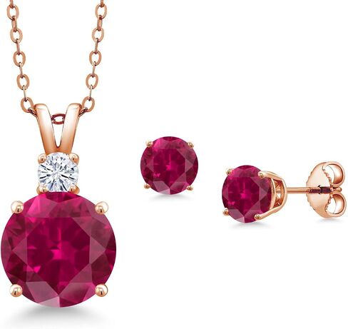 Gem Stone King 18K Rose Gold Plated Silver Round Red Created Ruby and White Moissanite Pendant and Earrings Jewelry Set For Women (5.36 Cttw, Gemstone Birthstone, with 18 Inch Chain) in Saudi Arabia
