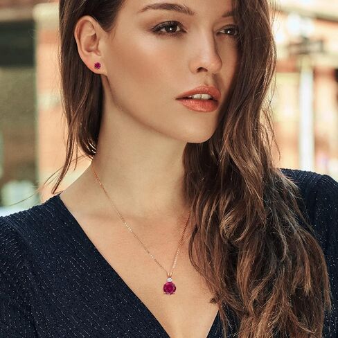 Gem Stone King 18K Rose Gold Plated Silver Round Red Created Ruby and White Moissanite Pendant and Earrings Jewelry Set For Women (5.36 Cttw, Gemstone Birthstone, with 18 Inch Chain) in Saudi Arabia