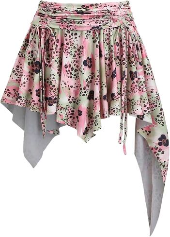 MakeMeChic Women's Cheetah Print Mini Skirt Floral Drawstring Ruched Ruffle Asymmetrical Hem Summer Y2K Skirts in Saudi Arabia