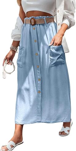 loveimgs Women Summer Elastic Waist Flowy Tencel Denim Maxi Skirt A Line Button Ruffle Cargo Long Jean Skirt Boho Lightweight in Saudi Arabia