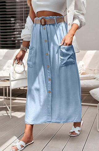 loveimgs Women Summer Elastic Waist Flowy Tencel Denim Maxi Skirt A Line Button Ruffle Cargo Long Jean Skirt Boho Lightweight in Saudi Arabia