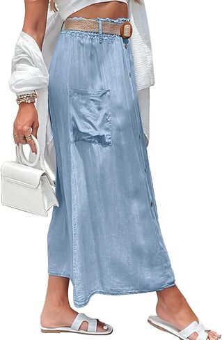 loveimgs Women Summer Elastic Waist Flowy Tencel Denim Maxi Skirt A Line Button Ruffle Cargo Long Jean Skirt Boho Lightweight in Saudi Arabia