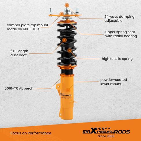 maxpeedingrods Coilovers لسيارة MINI Clubman R55 Cooper/Cooper D/Cooper S 2007-2014، طقم تعليق كويلوفر قابل للتعديل بـ 24 مستوى، طقم خفض دعامات امتصاص الصدمات قابل للتعديل بالارتفاع ذهبي in Saudi Arabia