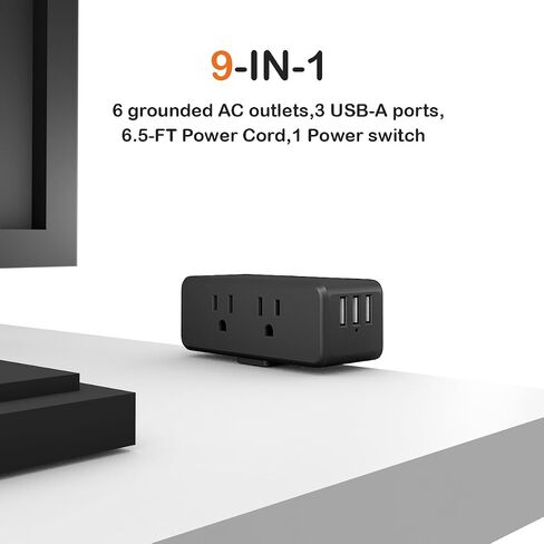 Compact Desk Edge Clamp Power Strip with 6-Outlet,3-USB-A-Port,Fit 2.4" Tabletop Edge,Table Leg.Meeoueoiu Desktop Mount Charging Power Station for Office Home,6.56ft Extension Cord,Black in Saudi Arabia