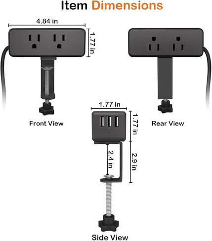 Compact Desk Edge Clamp Power Strip with 6-Outlet,3-USB-A-Port,Fit 2.4" Tabletop Edge,Table Leg.Meeoueoiu Desktop Mount Charging Power Station for Office Home,6.56ft Extension Cord,Black in Saudi Arabia