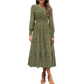 Zattcas Womens Spring Dresses 2026 Casual Long Sleeve Smocked Boho Floral Tiered Midi Wedding Guest Dress with Pockets in Saudi Arabia