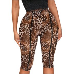 SweatyRocks Women's High Waist Sheer Mesh Leopard Capris Leggings Yoga Workout Pants in Kuwait