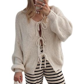 Womens Tie Front Cardigan Sweaters Oversized Puff Long Sleeve Cute Bow Trendy Loose Fall Winter Sweaters in Kuwait