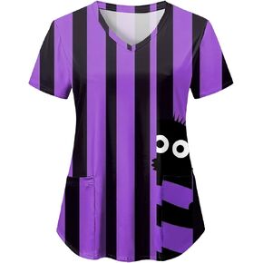 Halloween Scrub Tops Women Cute Ghosts Print V-Neck Short Sleeve Nurse Shirts Medical Uniforms with Pockets in Saudi Arabia