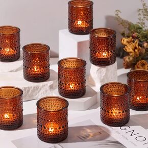 15Pcs Glass Votive Candle Holders, Amber Tea Light Candle Holders Vintage Fall Tealight Candle Holder Bulk for Autumn, Thanksgiving Table Centerpieces, Christmas Decor (Amber) in Kuwait