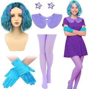 JenPen 6 Pcs Halloween Inside Costume Accessories Include Blue Green Wig Gloves Purple Fake Collar Stockings with Hairpins for Cartoon Movie Women Girls Cosplay Emotion Party in Kuwait
