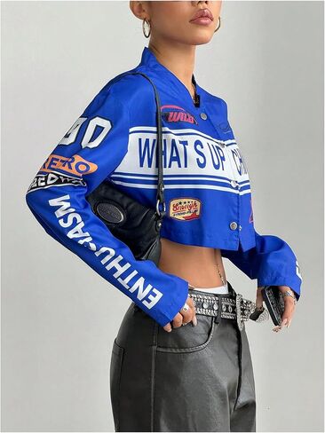 SOLY HUX Women's Racing Jacket Letter Graphic Cropped Varsity Long Sleeve Streetwear Motorcycle Jacket in Kuwait