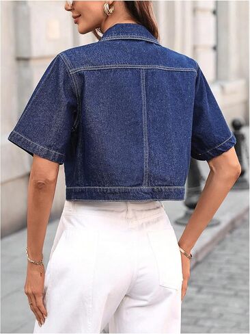 SHENHE Women's Summer Short Sleeve Denim Jacket Button Up Cropped Jean Jacket with Pockets in Saudi Arabia