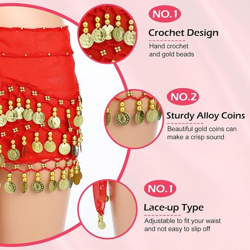 Belly Dance Skirt, Coin Belt Hip Scarf with Sequins and Coins, Performance Belly Dancer Costume for Women 128 Coins in Saudi Arabia